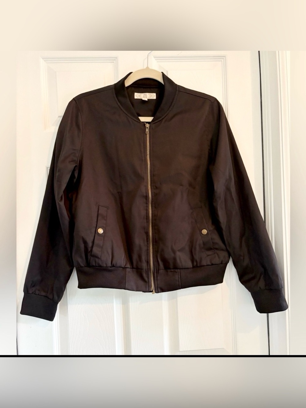 PINK ROSE BOMBER JACKET WOMENS L BLACK SATIN LINING, FULL ZIP BRASS SNAP POCKETS